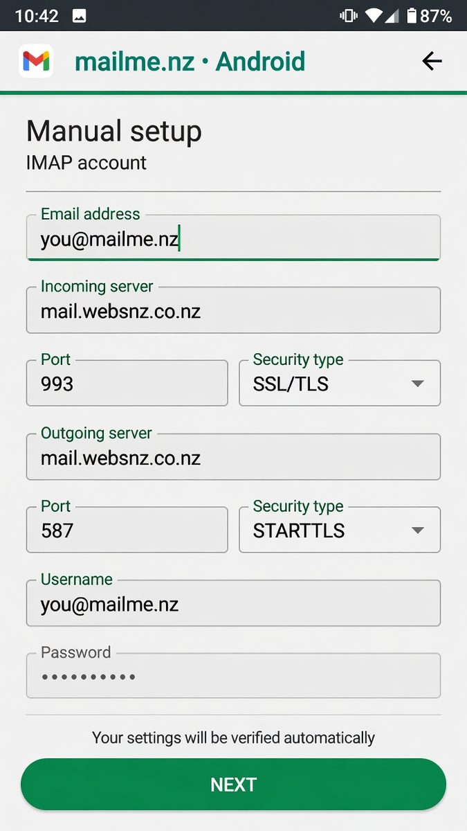 Android Gmail manual IMAP setup for mailme.nz: mail.websnz.co.nz port 993 SSL and SMTP (465 SSL/TLS or 587 STARTTLS)