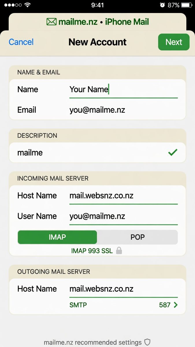 iPhone Mail new account screen for mailme.nz with host mail.websnz.co.nz and you@mailme.nz