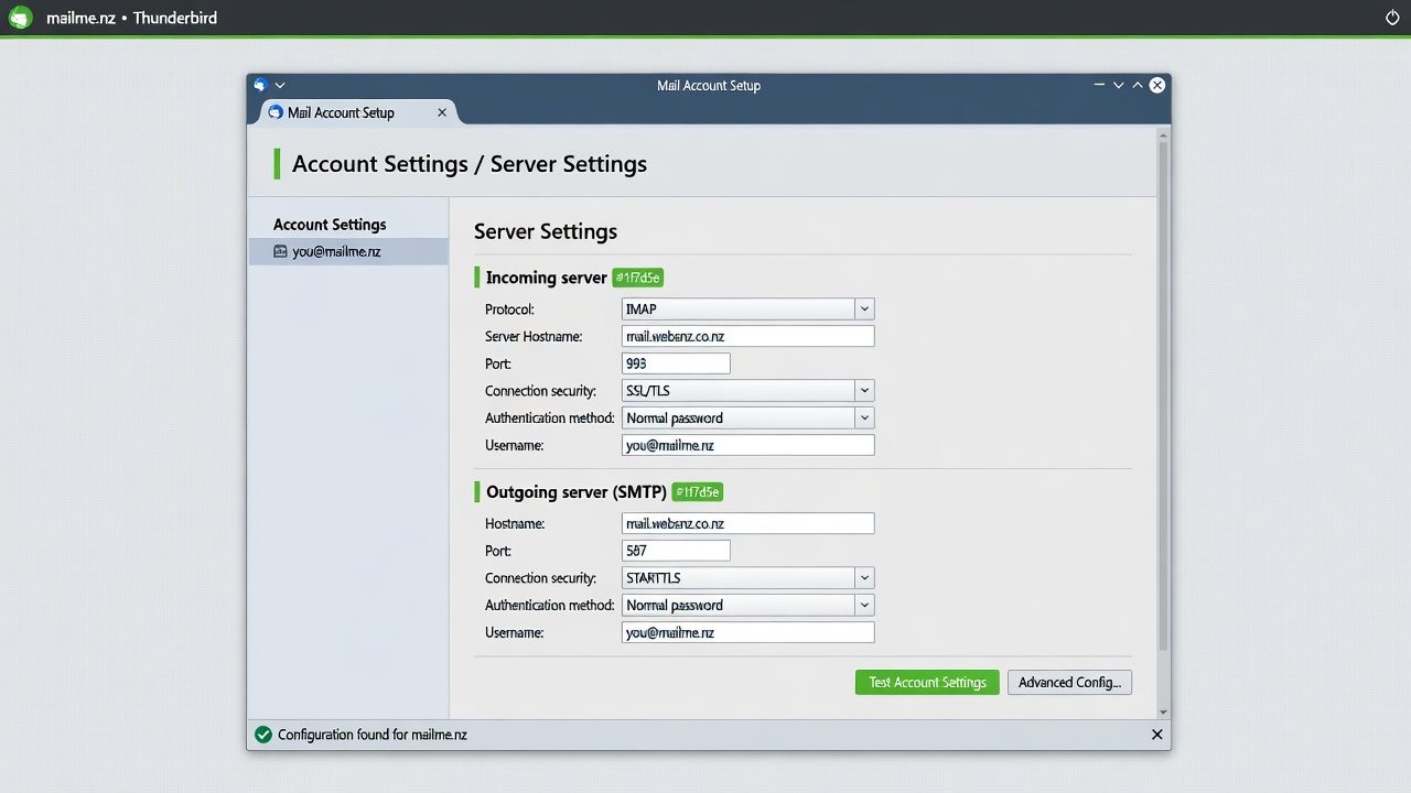 Thunderbird mail account setup for mailme.nz: IMAP mail.websnz.co.nz port 993 SSL/TLS and SMTP (465 SSL/TLS recommended, or 587 STARTTLS), username you@mailme.nz
